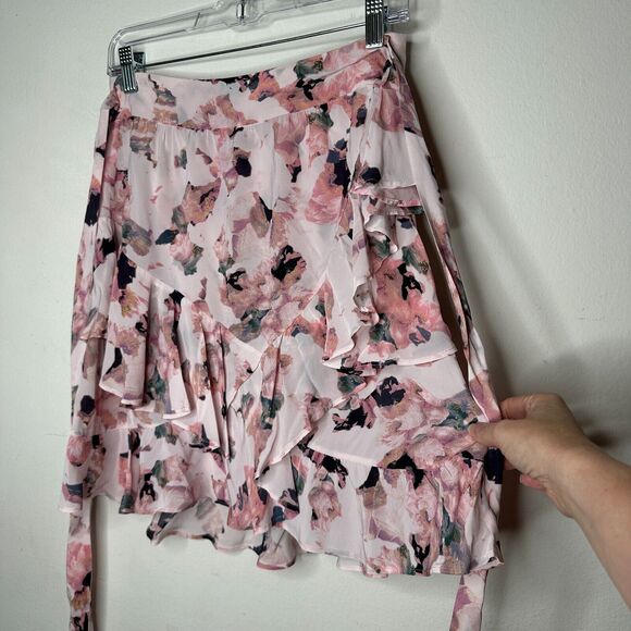 Iro Floral Light Pink Abstract Daring Wrap Flowy Layered Ruffled Mini Skirt 40 - Picture 5 of 16